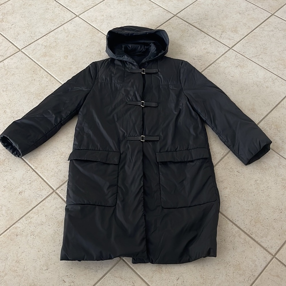 Womens PRADA black nylon hooded Parka Jacket /medium-length /size 42/SMALL.